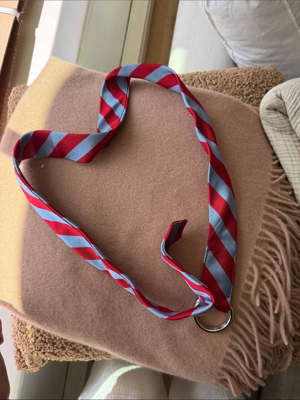 J. Crew Red and Light Blue Striped silk Ring-Tie Belt